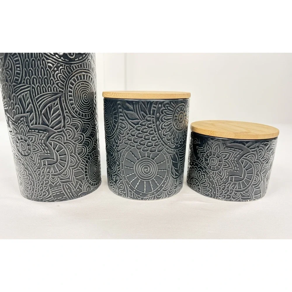 Atelier Ceramic Kitchen Canister Set 3 Piece Blue Embossed Floral Wood Lids